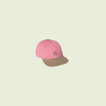 A pink cap with a tan brim, cut out in the app.