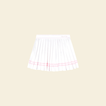 A white pleated tennis skirt with pink stripes, cut out in the app.