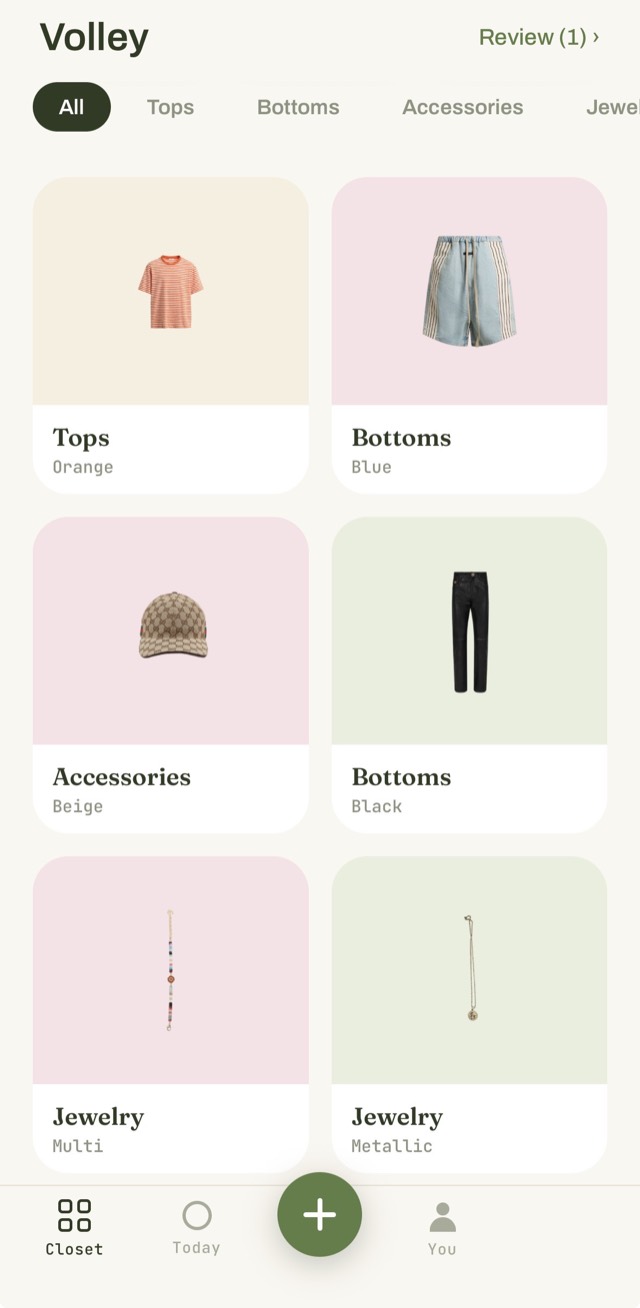 A Volley closet — real garment cutouts on soft pastel cards, tagged by category and color.