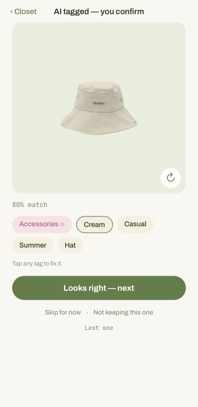 Volley's review card — an AI-tagged hat with editable tag chips and 'Looks right — next'.