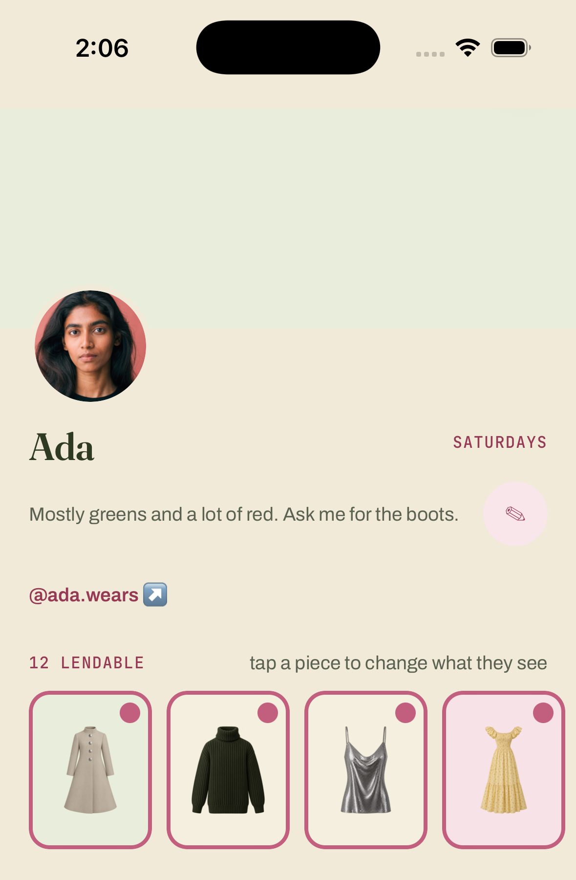 Her own page as friends see it, with twelve pieces she lends