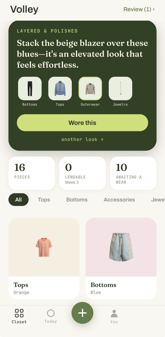 Today's fit in Volley — a suggested outfit on a deep pine card, with 'Wore this' and 'another look' actions.